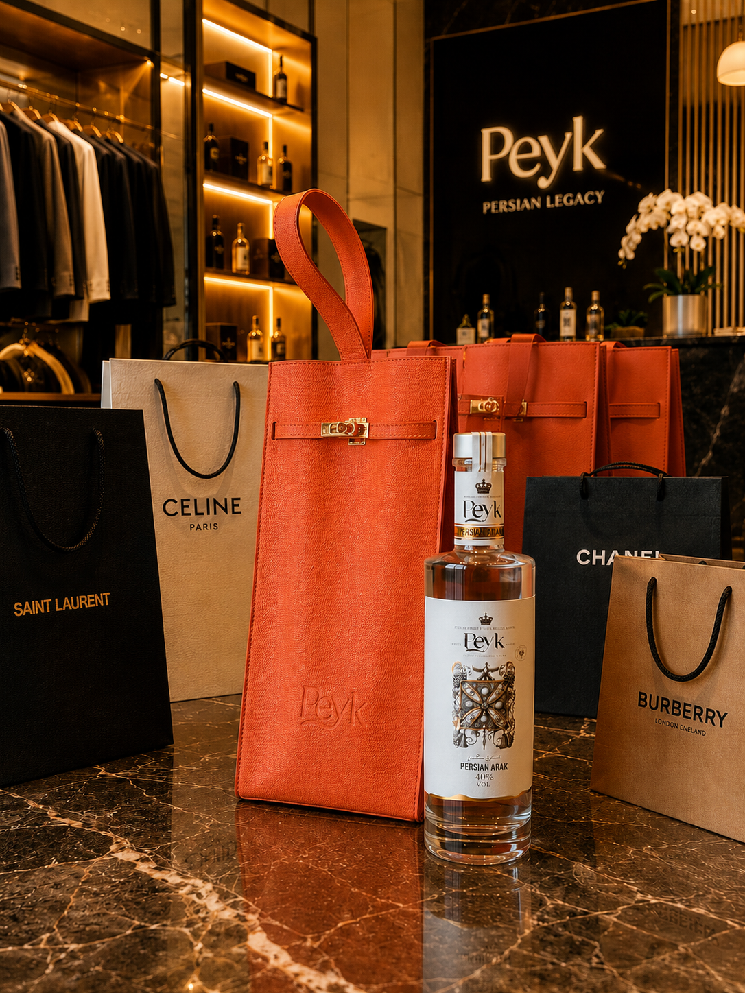 Peyk Arak branded bottle bags for Persian raisin spirit